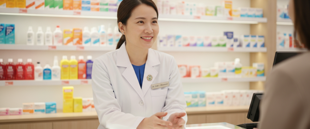 Friendly pharmacist at Liverpool Plaza Discount Chemist offering acute bronchitis relief advice from behind a neatly stocked
