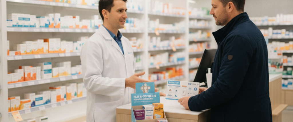 A Liverpool Plaza Discount Chemist pharmacist in a white lab coat gestures while speaking to a male customer at the counter